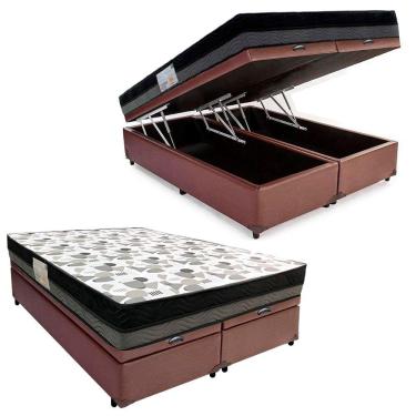 Imagem de Cama Box Baú Casal Sintético Bipartido + Colchão Ortobom Iso Dupla Face 60x138x188 Cor:marrom