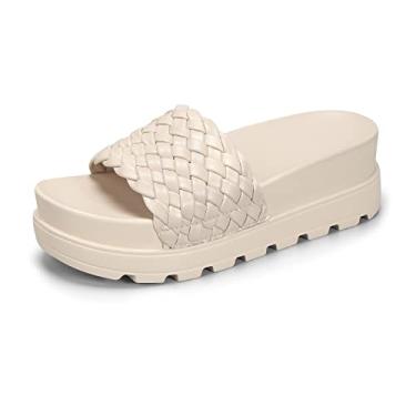 Imagem de LUCKY STEP Sandálias femininas de plataforma com tira trançada, deslizante, bico aberto, casual, verão, praia, ao ar livre, cunha, Bege, 8
