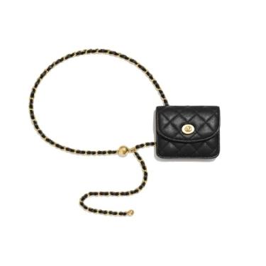 Imagem de Mini bolsa acolchoada para cinto, couro sintético preto, ferragens douradas, bolsa transversal com fecho de trava