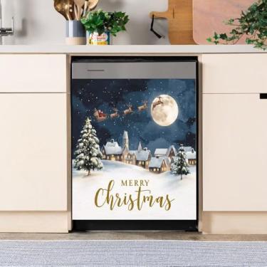 Imagem de Árvore de Natal lua alce capa de ímã de máquina de lavar louça, decalque magnético decorativo de painel de geladeira de cozinha, adesivo de vinil para decoração de eletrodomésticos 58 x 66 cm