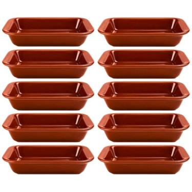 Imagem de Kit 10 Travessa Refratária Cerâmica Retangular Assadeira para Servir Multiuso Forno, Micro-ondas, Restaurantes Self Service (Marrom, 550ml)