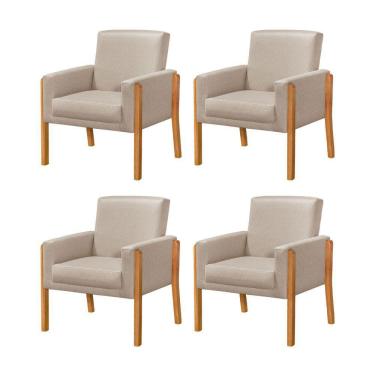 Imagem de Kit 4 Poltronas Sala De Espera Pés Em Madeira Santorini Linho Bege - Bege