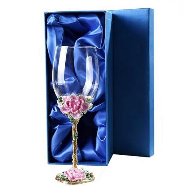 Imagem de Gets Taças de vinho pintadas flor esmaltada taça de vinho de cristal decorativa com caixa de presente azul para aniversário de casamento (1 rosa + caixa de presente)