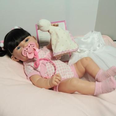 Imagem de Bebê Reborn Mia Realista 43cm Vinil Premium Cabelos Pretos Vestido Lux