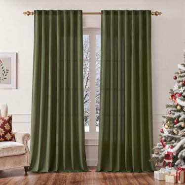 Imagem de EMEMA Cortinas transparentes de privacidade verde-oliva, filtro de luz não transparente, cortinas semitransparentes de 108 polegadas para quarto, sala de estar, cortinas de janela que permitem a