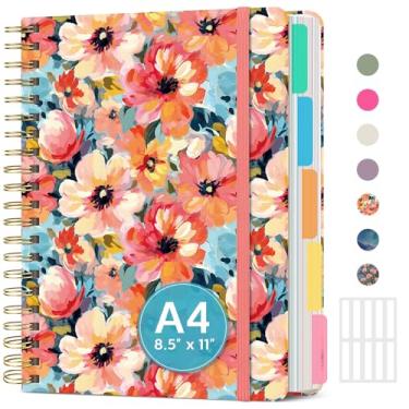 Imagem de Cadernos grandes revestidos em espiral para trabalho com divisórias e abas removíveis, caderno de capa dura de 21,6 x 28 cm, caderno de 5 assuntos para anotações e organizador, diário pautado