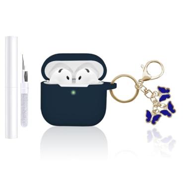 Imagem de AZGYIAI Capa compatível com Apple AirPods 4ª geração (2024), capa de silicone macio para AirPods 4 com chaveiro borboleta e kit de limpeza para meninas e mulheres (azul noturno)