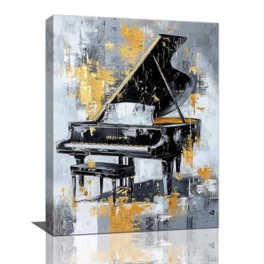Imagem de Olivine Arte de parede de música vintage, imagem de piano retrô, impressão em tela de pintura de instrumentos musicais preto e dourado, arte emoldurada para estúdio banheiro quarto sala de estar 40,6