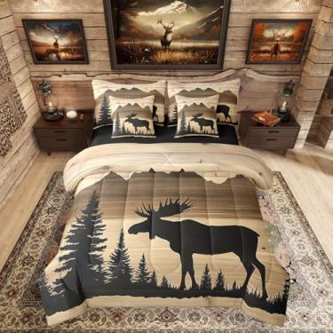 Imagem de Erosebridal Jogo de cama King com alce de chifre em uma bolsa com lençol de cima | Conjunto de edredom com estampa de veado de caça rústico com 7 peças, chalé rústica, floresta, campo, cervo