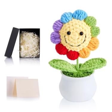 Imagem de ZHIYUXI Flores de crochê, girassóis de crochê artificial, presentes para mulheres, girassóis feitos à mão, flor de malha para painel de carro, decoração de escritório em casa