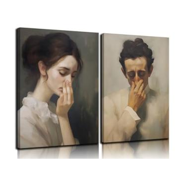 Imagem de Arte de parede de banheiro engraçado humor preto e branco imagens divertidas de decoração de parede de banheiro senhora homem cobrindo o nariz impressões vintage de pintura a óleo clássica de meados