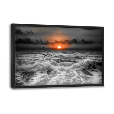 Imagem de Flintis Grande oceano pôr do sol emoldurado arte de parede praia gaivota decoração de parede paisagem natural abstrata pintura em tela obras de arte emolduradas para sala de estar banheiro quarto