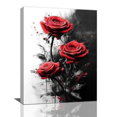 Imagem de Crekviy Arte de parede rosa vermelha preto e branco flores florais decoração de parede impressão em tela pintura arte decoração romântica para banheiro quarto sala de estar presentes emoldurados 30,5