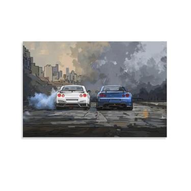 Imagem de KTIMIPE R34 Japan Street City Anime Jdm Sport Car Poster Tela Arte de Parede Decoração de Casa para Quarto Banheiro Escritório Sala de Estar Imagens Impressão Decoração de Parede 12 x 18 polegadas (30
