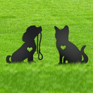 Imagem de Decoração de jardim de metal para exterior, estátuas de silhueta preta, presentes para enfeites de quintal, gramado, pátio, caminho, decoração de jardim ao ar livre, ornamentos de gramado (gato +