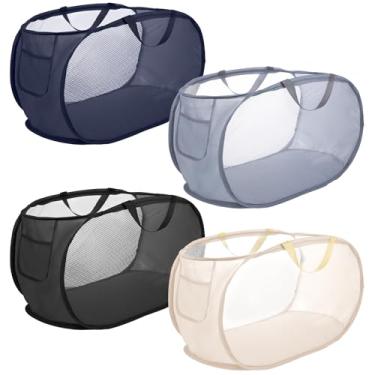 Imagem de Pacote com 4 cestos de roupa suja de malha pop-up, cesto de malha pop-up de quatro cores, cestos de roupa abertos dobráveis com alça durável, cestos de roupas de plástico para casa, faculdade
