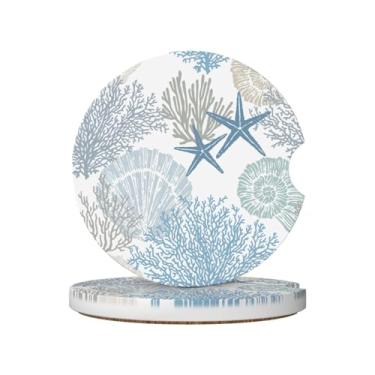 Imagem de Porta-copos de carro Blue Ocean Beach para porta-copos, 2 porta-copos de carro para carro, porta-copos de carro absorvente de cerâmica com entalhe de dedo e base de cortiça, acessórios de interior de