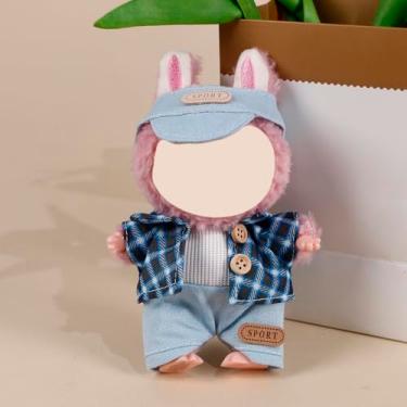Imagem de Compatível com Labubu (sem boneca) - Roupa xadrez esportiva azul claro (chapéu + jaqueta xadrez + calça colete) para bonecas de pelúcia de 15 cm/17 cm, acessórios de roupas de boneca (azul claro)