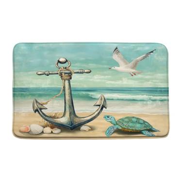 Imagem de Tapete de banho náutico, âncora, tartaruga, oceano, praia, litoral, mar, onda, azul, tropical, banheiro, cozinha, corredor, tapete, 45 x 76 cm