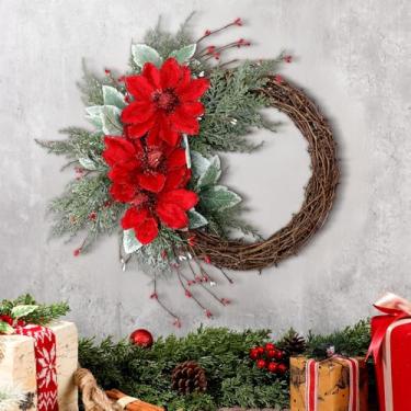 Imagem de Dingion 1 guirlanda grande de eucalipto de Natal com flores vermelhas simuladas com frutas vermelhas para decoração de Natal, armários de cozinha, janelas, lareiras, portas da frente, penduradas em