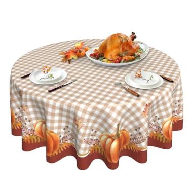 Imagem de Toalha de mesa xadrez de ação de graças, toalha de mesa redonda de outono 177 cm, toalha de mesa de abóbora de outono xadrez de búfalo, tecido lavável lavável, capa de mesa de fazenda para decoração de festa de casa ao ar