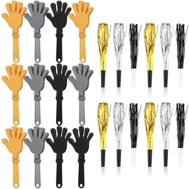 Imagem de 24 Pcs New Years Eve Party Noisemakers Supplies New Year Party Kit Includes 12 Hand Clappers 12 Metallic Fringed Party Blowers for 2026 New Years Party Supplies (Gold and Silver and Black)