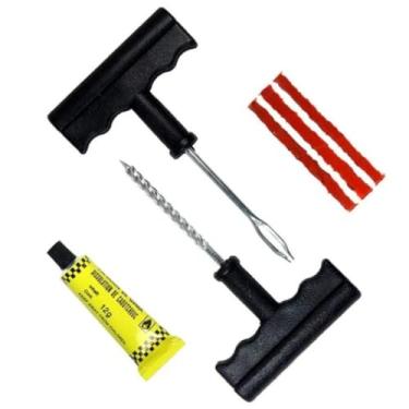 Imagem de Genérico Kit Reparo de Pneu Sem Câmara, Conjunto com Escareador e Aplicador de Ferro 14cm, 3 Reparos de 10cm, Cola para Remendo, para Carro e Moto