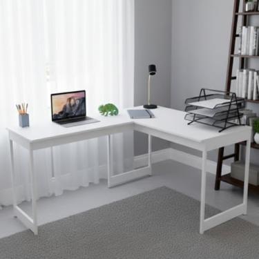Imagem de Mesa Em L Estilo Industrial Escrivaninha De Canto Escritório Estudo (Branco Pés Brancos)