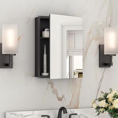 Imagem de Keonjinn Armário de remédios pequeno de 35,5 x 45,7 cm preto, montagem necessária, armário de remédios espelhado para banheiro, leve, prateleiras livremente ajustáveis, suporte embutido ou na parede