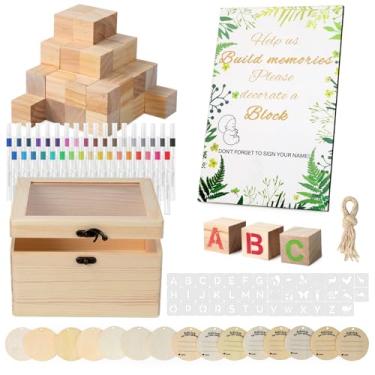 Imagem de Conjunto de 144 peças de blocos de chá de bebê, inclui 50 blocos de madeira em branco DIY, 41 estênceis, 36 marcadores de aquarela, 1 caixa de madeira, 15 cartões de previsão, 1 placa de jogo de bloco
