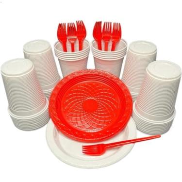 Imagem de Kit 300 Itens Festa Aniversário Descartáveis Plástico Colorido Perolado 100 Pessoas Completo Pratinho Garfinhos Copos (Branco Vermelho)