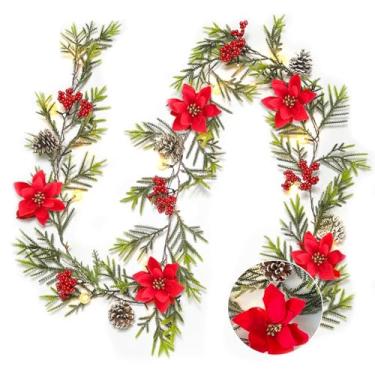 Imagem de RECUTMS Guirlanda de Natal com luzes, guirlanda de pinho, guirlanda de LED de Natal para decoração de festa de fim de ano (flor vermelha)