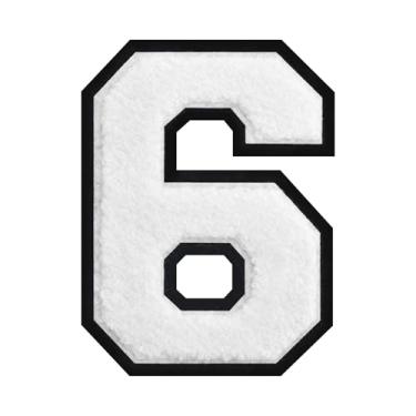 Imagem de Patch de chenille branco número 6 de 15 cm com borda preta, passar a ferro ou costurar para uniformes esportivos, moletons com capuz, mochilas, contraste ousado e à prova de desbotamento (6)