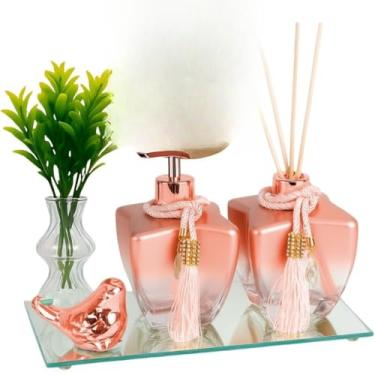 Imagem de Kit Lavabo Banheiro Vidro Estrela 280ml Luxo Completo com Bandeja London e Difusor(Degrade Rosê Pássarinho)