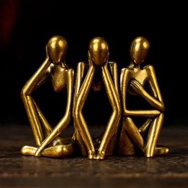 Imagem de CHOVY Escultura de três figuras conectadas em latão maciço, arte de mesa retrô 100% latão sólido com torso oco e rostos de contorno silencioso, design exclusivo para membros, curiosidade, colecionável