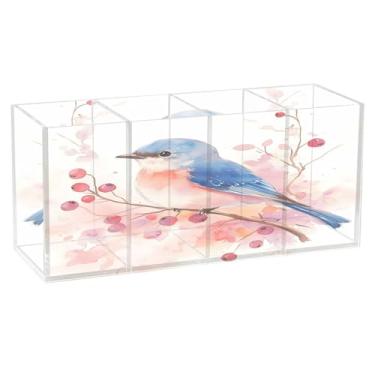 Imagem de SEHANY Lindo porta-canetas de acrílico com flores em aquarela, pássaro, 4 compartimentos, porta-lápis transparente, organizador de pincéis de maquiagem, organizador de papelaria para escritório, casa