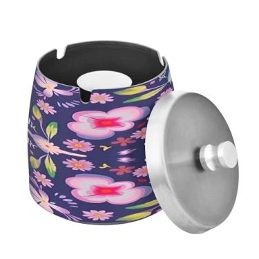 Imagem de Blueangle Cinzeiro bonito com estampa de flores com tampa para cigarros, à prova de vento/chuva, aço inoxidável, sem fumaça, inodoro, cinzeiro para uso interno ou externo (473)