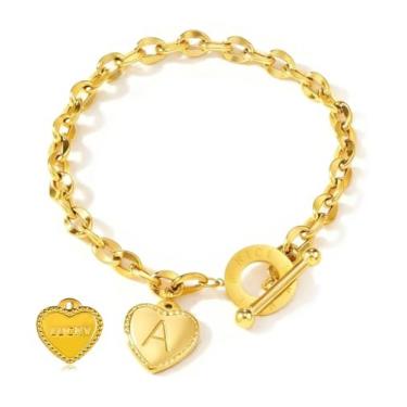 Imagem de pichuxiu Pulseira feminina com pingente banhado a ouro 18 quilates, coração do amor, um elegante fecho OT, joia de aço inoxidável, presente de aniversário
