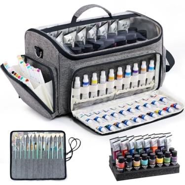 Imagem de SFYBYHEART Bolsa organizadora de tinta acrílica com suporte de pincel dobrável, grande estojo de arte, organizador de artesanato com inserções de espuma para barril de maçã, arte de transporte, bolsa