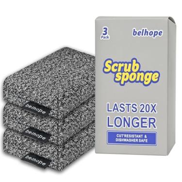 Imagem de Belhope Esponjas de cozinha resistentes – duram 20 vezes mais, resistentes ao calor e à prova de cortes, livres de arranhões, seguras para panelas antiaderentes, utensílios de limpeza versáteis para