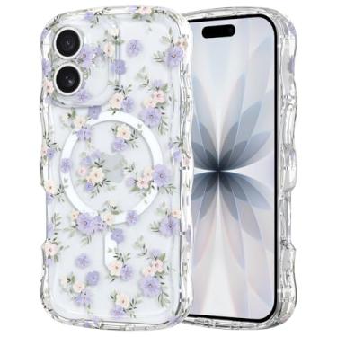 Imagem de RALEAVO Capa para iPhone 17 linda estampa floral [compatível com Magsafe] Capa de moldura ondulada transparente encaracolada para mulheres, capa acrílica à prova de choque antiderrapante para iPhone