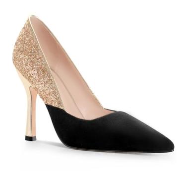 Imagem de ANN CREEK Sapato feminino de salto alto brilhante salto agulha clássico bico fino patchwork sapatos para casamento, festa, vestido, formatura, Preto, 42