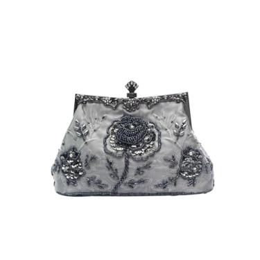 Imagem de CORIOS Bolsa De Noite Vintage Com Pérolas E Contas Da Década 1920 Para Mulheres - Mão Lantejoulas, Casamento Noivas Bordado Floral Artesanal Requintado, Transversal Ombro Festa Formatura Cinza Escur