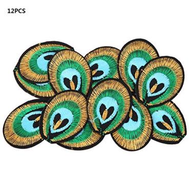 Imagem de Conjunto de 12 peças de remendos de tecido bordado, bolsa de costura, apliques de roupas, decoração artesanal para jaquetas, chapéus, bolsas, design de pena de pavão, ferro ou