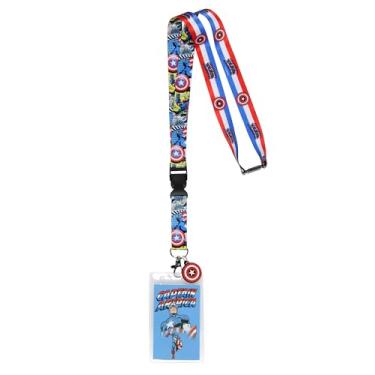 Imagem de Suporte de crachá Marvel Capitão América Cena cômica e escudo listrado reversível com pingente de proteção de borracha de 2,5 cm