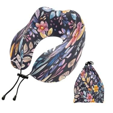 Imagem de CEBUGI Travesseiros de viagem portáteis em forma de U, travesseiro de pescoço de espuma viscoelástica com trava de corda ajustável para avião, viagem, trem, negócios, escritório, soneca (floral)