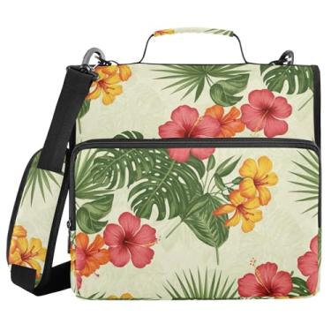 Imagem de Burbuja Pasta de fichário com 3 anéis de folhas de flores tropicais com zíper e alça de ombro para laptop de 13 polegadas, vários bolsos para trabalho de escritório