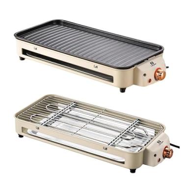 Imagem de Versátil Churrasqueira Elétrica Portátil 220V Ferro Inox 1500W Alta Potência Desmontável Fácil Limpeza Pouca Fumaça Controle de Temperatura Ótimo Para Casa e Acampamento (Bege, 220V)