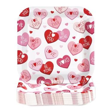 Imagem de 50 peças de pratos de papel para o dia dos namorados, 18 cm, descartável, quadrado, rosa, coração, vermelho, rosa, corações com palavras, pratos de festa para dia dos namorados, casamento, aniversário