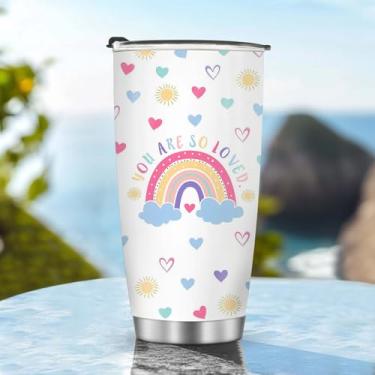 Imagem de Copos isolados, caneca de café, copo de viagem, garrafa de água, presentes para Natal, aniversário, dia das crianças, presente de aniversário, arco-íris, 590 ml, metal gelado, quente e frio, alça